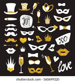 Black-and-gold moustaches, lips, masks,.. Glitter Photo Booth Props, isolated on background. Decorative elements for Valentines Day Party. Vector illustration, Love photo booth and scrapbooking set.