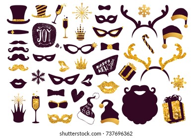 Black-and-gold moustaches, lips, masks,... Glitter Photo Booth Props, isolated on white. Decorative elements for Merry Christmas or New Year's Eve Party. Hand drawn vector illustration.