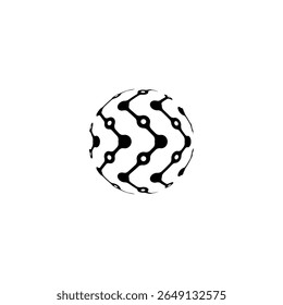 A black-and-white abstract 3D sphere icon featuring a pattern of interconnected nodes and curved lines. The design resembles digital circuits or blockchain links, symbolizing advanced technology, arti