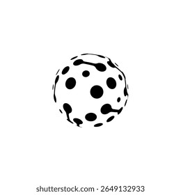 A black-and-white abstract 3D sphere icon featuring a pattern of interconnected nodes and curved lines. The design resembles digital circuits or blockchain links, symbolizing advanced technology, arti