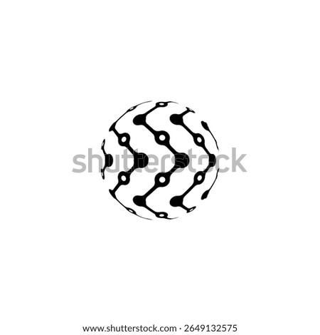 A black-and-white abstract 3D sphere icon featuring a pattern of interconnected nodes and curved lines. The design resembles digital circuits or blockchain links, symbolizing advanced technology, arti