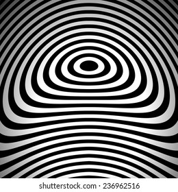 Black-and-white abstract background of dynamic concentric circles. Vector illustration.