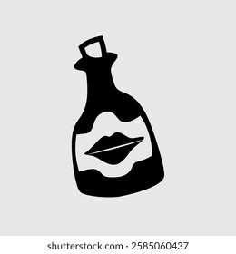 Black-and-white abstract bottle with lips illustration. A creative minimalist design blending surreal and conceptual art, perfect for branding, packaging, fashion, and modern digital graphics.