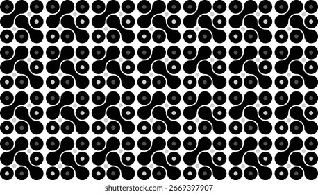 Un diseño abstracto en blanco y negro con círculos y curvas que se repiten. El motivo se asemeja a cadenas, células o Formas orgánicas futuristas, dando una impresión moderna, minimalista y elegante.