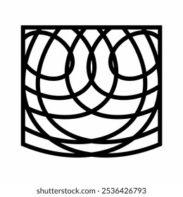 black-and-white abstract geometric pattern with a series of overlapping, curved lines creating symmetrical circular and oval shapes.