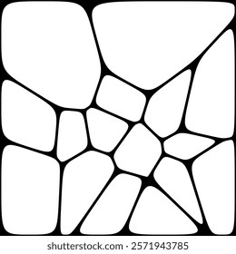 A black-and-white abstract pattern featuring irregular polygonal shapes, resembling stained glass or cracked surfaces, enclosed in a square frame.

