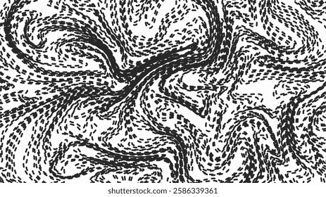 a black-and-white abstract pattern resembling swirling fluid dynamics, turbulence, or chaotic motion, created with dashed lines.