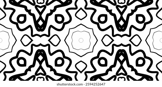 a black-and-white, abstract, symmetrical vector pattern featuring intricate, curved lines and geometric shapes, resembling a mandala or kaleidoscope design.
