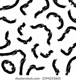 a black-and-white abstract vector background with irregular, curved brushstroke shapes scattered across a white surface.
