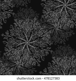 black-and-white background of circular ornaments consisting of branches and leaves