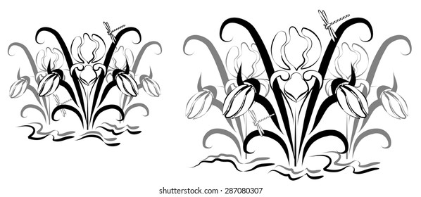 black-and-white background with ornament of irises