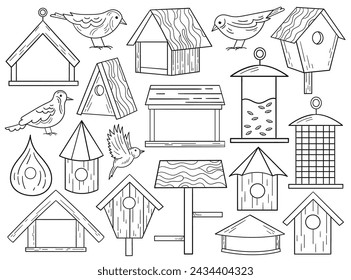 Pajarera y pájaros en blanco y negro perfilan el diseño, silueta de alimentadores de invierno colgantes de madera, edificios de invierno para conjunto aislado de plumas. Casas de jardín, ilustración vectorial de plantilla de alimentadores de aves