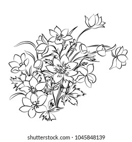 Black-and-white bouquet of flowers with leaves and grass. Black outline on white background. Vector illustration