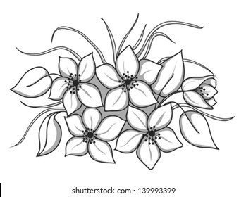 black-and-white bouquet of flowers with leaves and grass. Many similarities in the profile of the artist