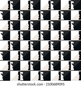 Black-and-white chessboard with a figure of a knight between cells of the opposite color. Vector texture pattern from chess cages with horses.