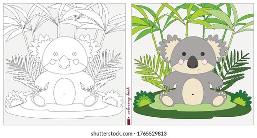 Black-and-white and color images for a color book. Contour drawing with children's themes. A baby Koala sits in a clearing among reeds and ferns. For color books, children's prints, postcards