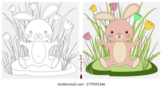 Black-and-white and color images for a color book. Contour drawing with children's themes. In a clearing among reeds and ferns sits a Bunny. For color books, children's prints, postcards.