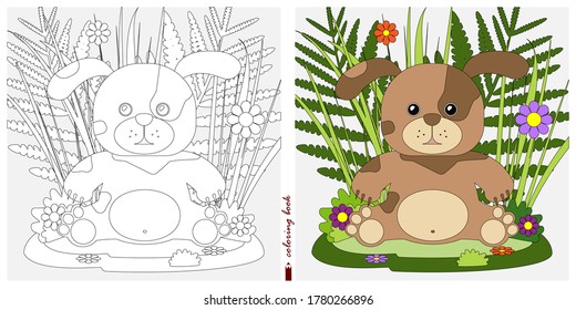 Black-and-white and color images for a color book. Outline drawing with children's themes. A puppy is sitting in a clearing among flowers and ferns. For color books, children's prints, postcards.
