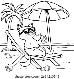 Black-and-white coloring page with a cute cat lounging on a beach chair, holding a cocktail. Summer scene: fun kitten in trendy sunglasses under an umbrella, ocean backdrop, and scattered seashells.