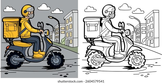 A black-and-white coloring page featuring a delivery courier on a scooter in an urban setting. Perfect for keeping kids entertained in cafés, fast-food restaurants, events, or at home. 