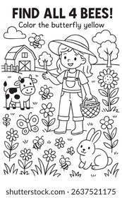 Black-and-white coloring page with a girl on a flower-filled farm. Kids can find 4 bees and color the butterfly yellow.