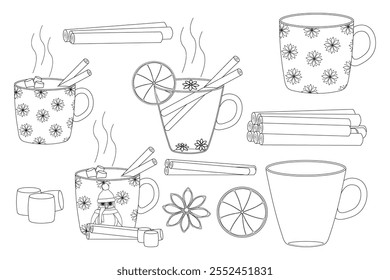 Dibujo para colorear en blanco y negro con tazas humeantes, palitos de canela, rebanadas de cítricos, especias y malvaviscos.