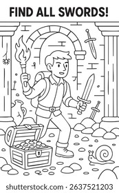 Black-and-white coloring page of a young explorer discovering hidden swords inside an ancient treasure chamber. Great for kids activities.