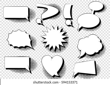 Black-and-white comics bubbles. Vector illustration. Empty set trendy cloud pop art vector comic. Write message comic bubble speech cartoon expression. Comics book template background. Easy design.