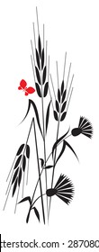 black-and-white composition of the ears and fluttering around flowers supplemented with red butterflies
