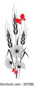 black-and-white composition of the ears and fluttering around flowers supplemented with red butterflies