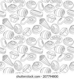 Black-and-white contour  pattern with different cakes