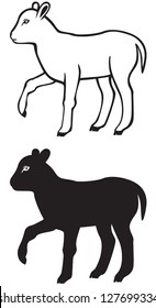 Black-and-white contour and silhouette image of a small lamb