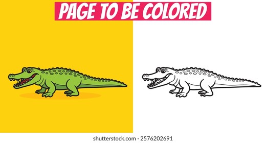 Black-and-white crocodile coloring page with a colored character included. Perfect for kids, adults, preschool activities, and wildlife-themed coloring books.