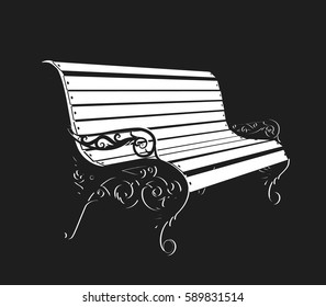 Black-and-white decorative park bench. Isolated over black background. Vector illustration.