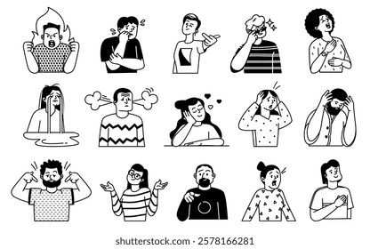 Black-and-white diverse people characters showing different positive negative gestures and facial expressions doodle set. Communication signs and non-verbal body language vector illustration