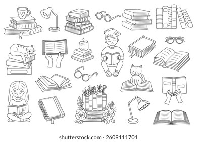 A black-and-white doodle set featuring books, readers, cats, lamps, and reading accessories. Perfect for coloring pages, library themes, or educational materials.