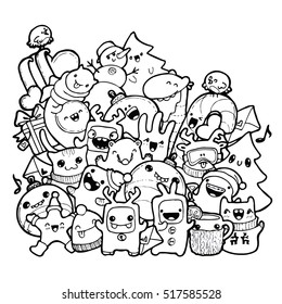 black-and-white doodles winter hand-drawn contour on a white background for children coloring