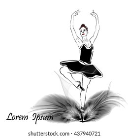 Black-and-white drawing. Ballerina dancing in feathers.