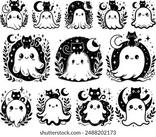 Black-and-white drawing with a cat and a ghost. Halloween. Cute ghost. Cat with a ghost.
