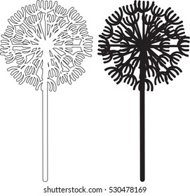 black-and-white drawing of dandelion - line art and silhouette