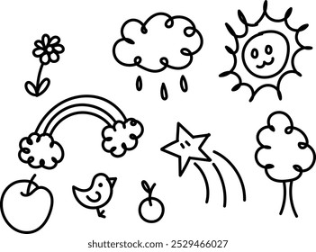 Dibujo en blanco y negro con Elementos de dibujos animados: una flor, una nube con gotas de lluvia, un sol sonriente, un arco iris con nubes, una estrella fugaz, árboles, pájaros y manzanas. Garabatos.