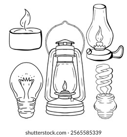 A black-and-white drawing showing a variety of light sources such as candles, oil lamps, lanterns, and light bulbs in both traditional and modern designs, symbolizing illumination and energy concepts.