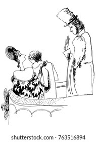 black-and-white drawing of spectators in a theatrical box