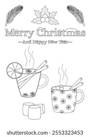 Black-and-white festive illustration featuring mugs of hot drinks, holiday elements, and - Merry Christmas - text.