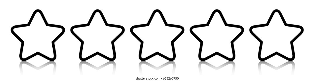 Black-and-white five star line icon rating with reflection isolated on white background. Vector EPS10