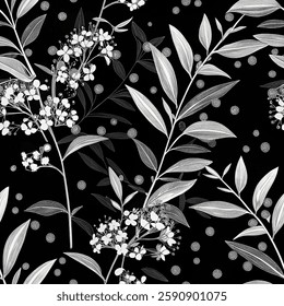 A black-and-white floral pattern with delicate leaves and blossoms. Perfect for wallpapers, textiles, and modern designs. Simple, elegant, and timeless with a bold, botanical touch.