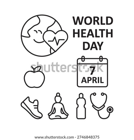 Black-and-white Generative AI illustration of Earth with a calendar showing April 7 and “World Health Day” text. Perfect for global health awareness, wellness, fitness, medical care, and social campaigns.