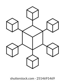 Projeto geométrico preto-e-branco com um cubo central ligado a seis cubos circundantes por linhas. Ideal para: conceitos de blockchain, redes de dados, frameworks de tecnologia, sistemas descentralizados, orga