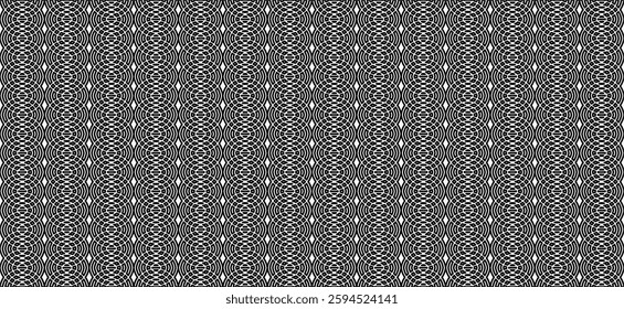 a black-and-white geometric pattern background with repetitive circular and diamond-shaped designs.