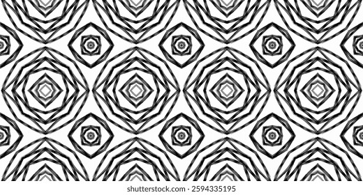 a black-and-white geometric pattern with symmetrical, repetitive hexagonal and diamond-shaped designs.